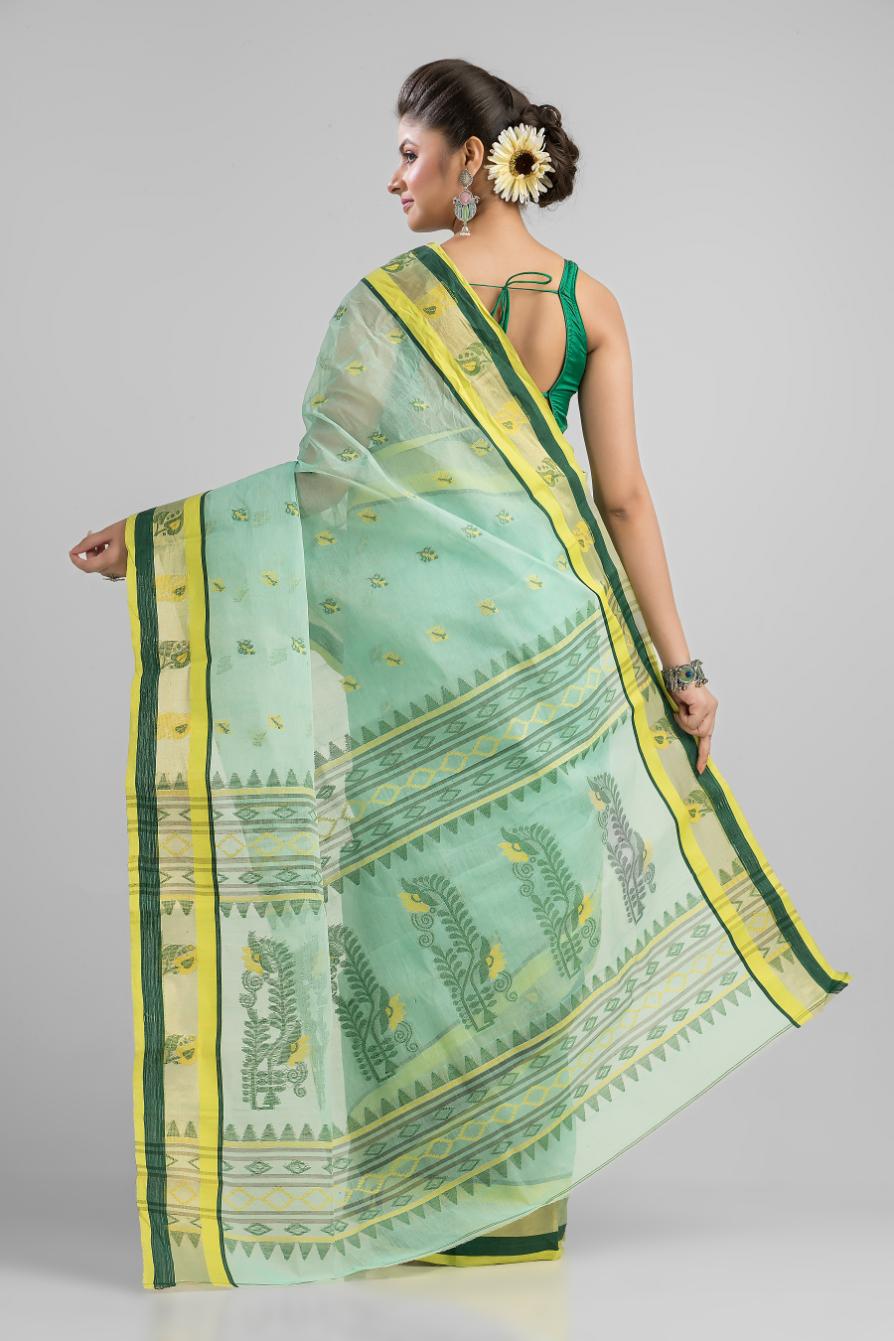 Sea Green Pure Cotton Dhakai Buti Handloom Saree