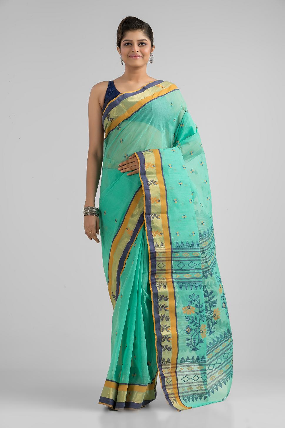 Sea Green Pure Cotton Dhakai Buti Handloom Saree