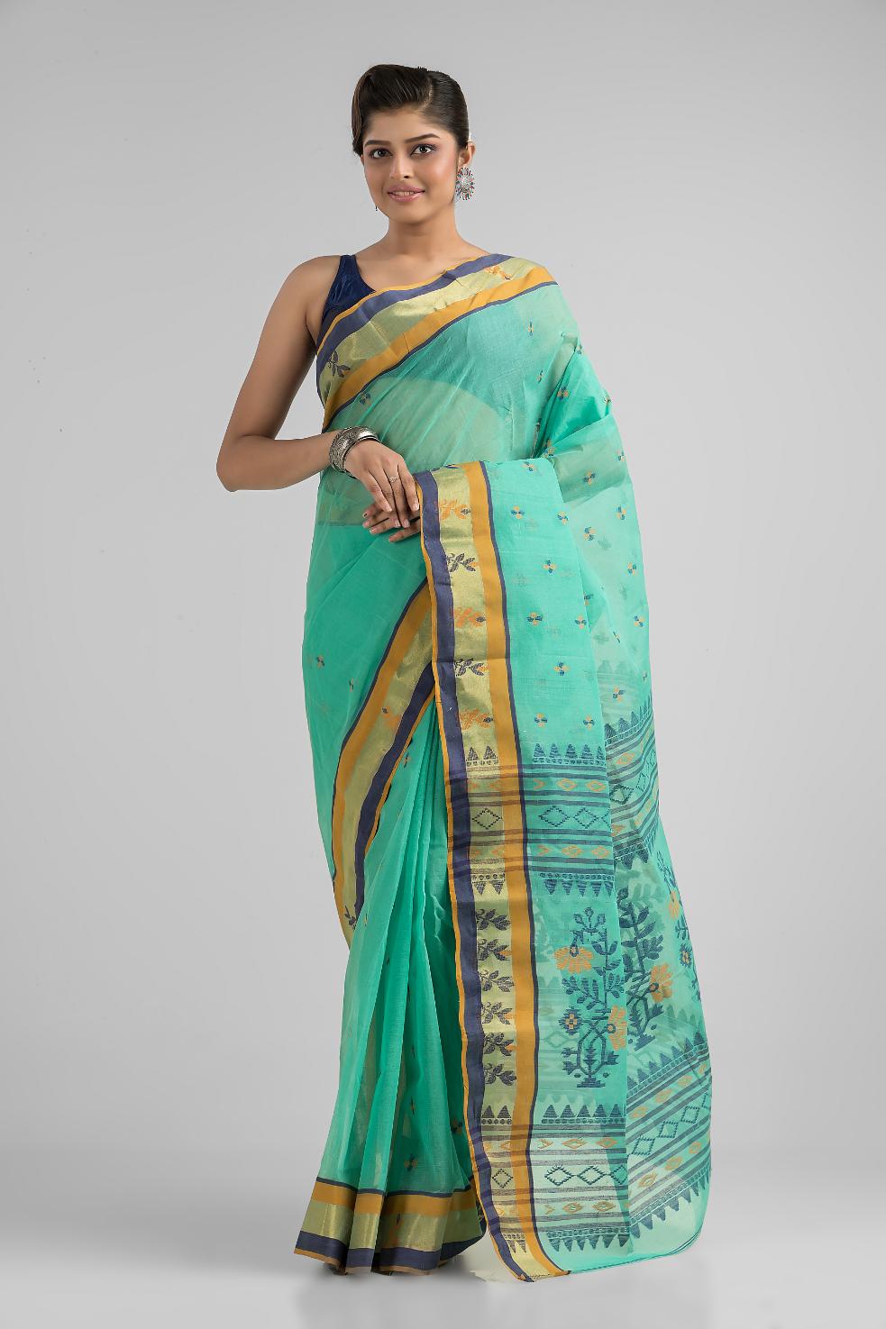 Sea Green Pure Cotton Dhakai Buti Handloom Saree