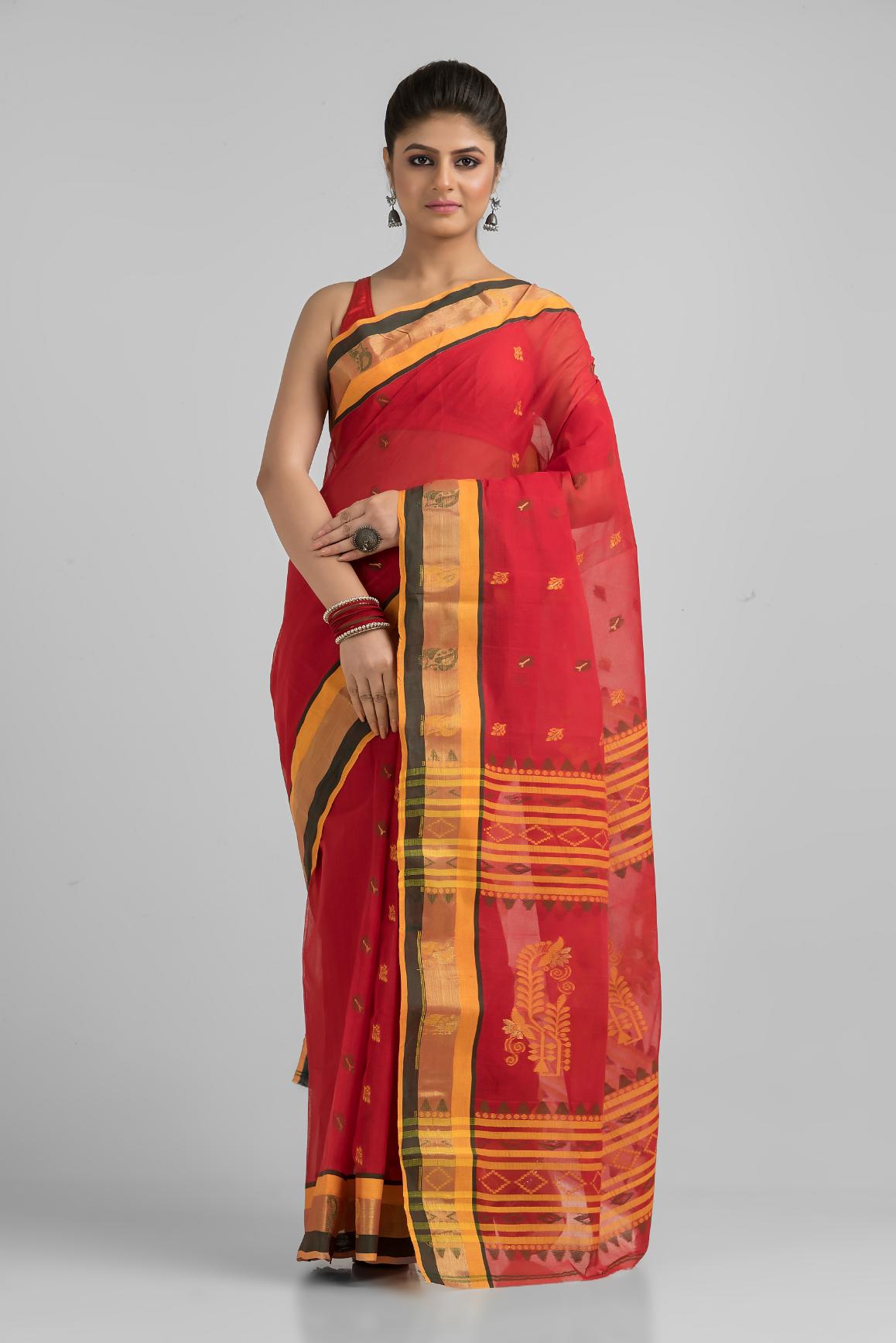 Red Green Pure Cotton Dhakai Buti Handloom Saree