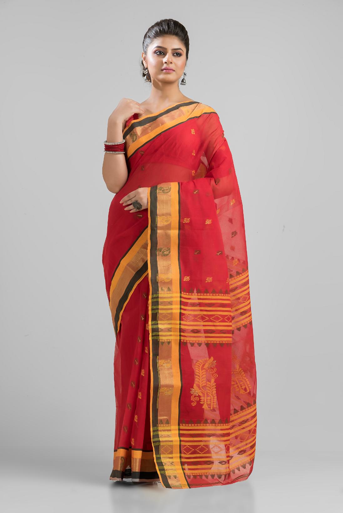 Red Green Pure Cotton Dhakai Buti Handloom Saree