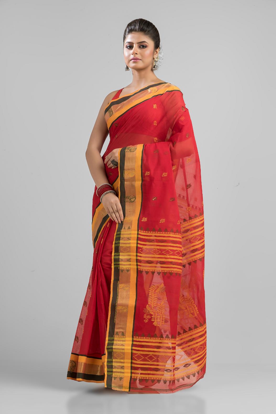 Red Green Pure Cotton Dhakai Buti Handloom Saree