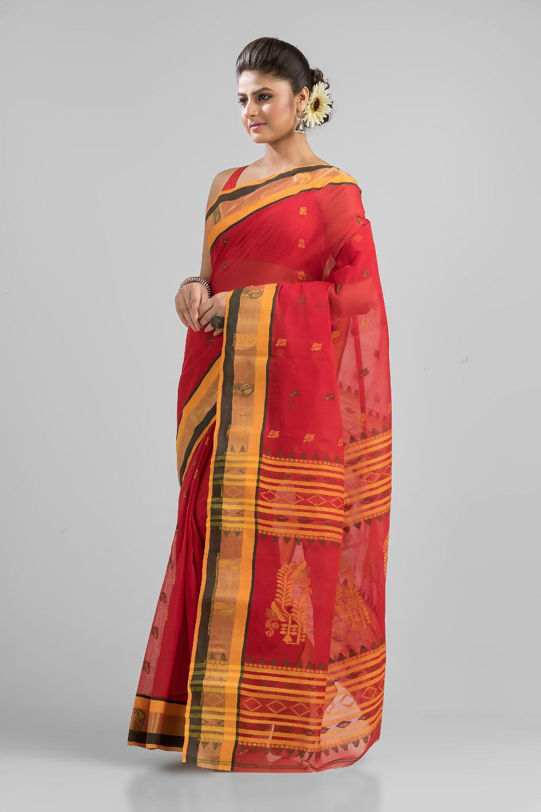 Red Green Pure Cotton Dhakai Buti Handloom Saree