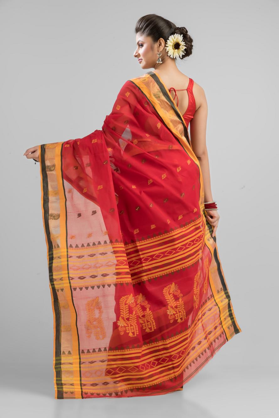 Red Green Pure Cotton Dhakai Buti Handloom Saree