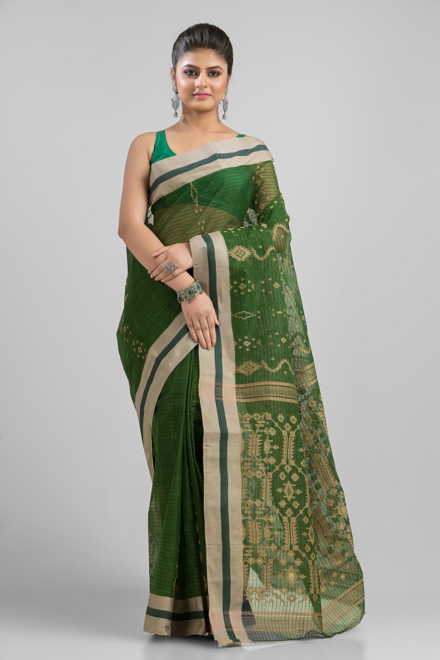 Green Pure Cotton Dhakai Buti Handloom Saree