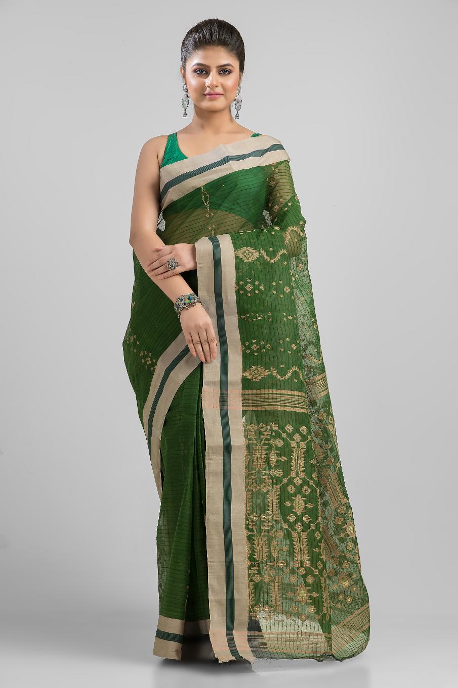 Green Pure Cotton Dhakai Buti Handloom Saree