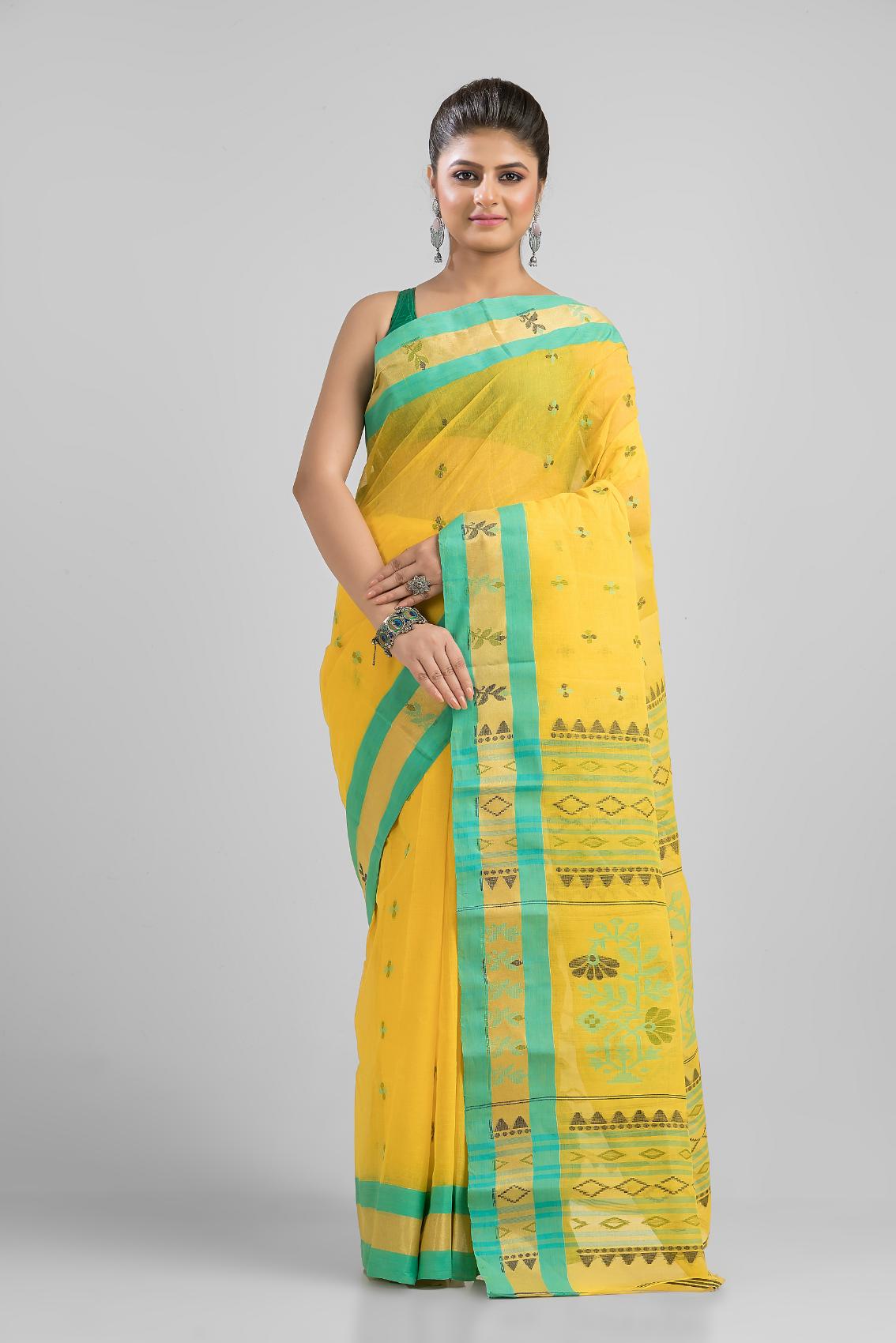 Yellow Pure Cotton Dhakai Buti Handloom Saree