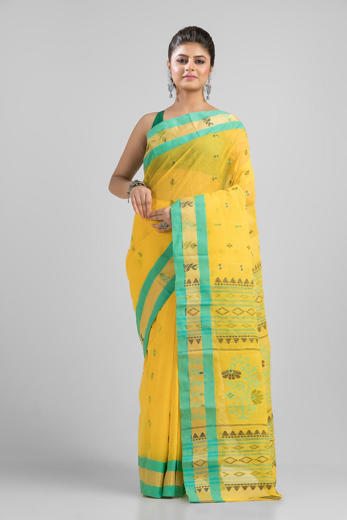 Yellow Pure Cotton Dhakai Buti Handloom Saree