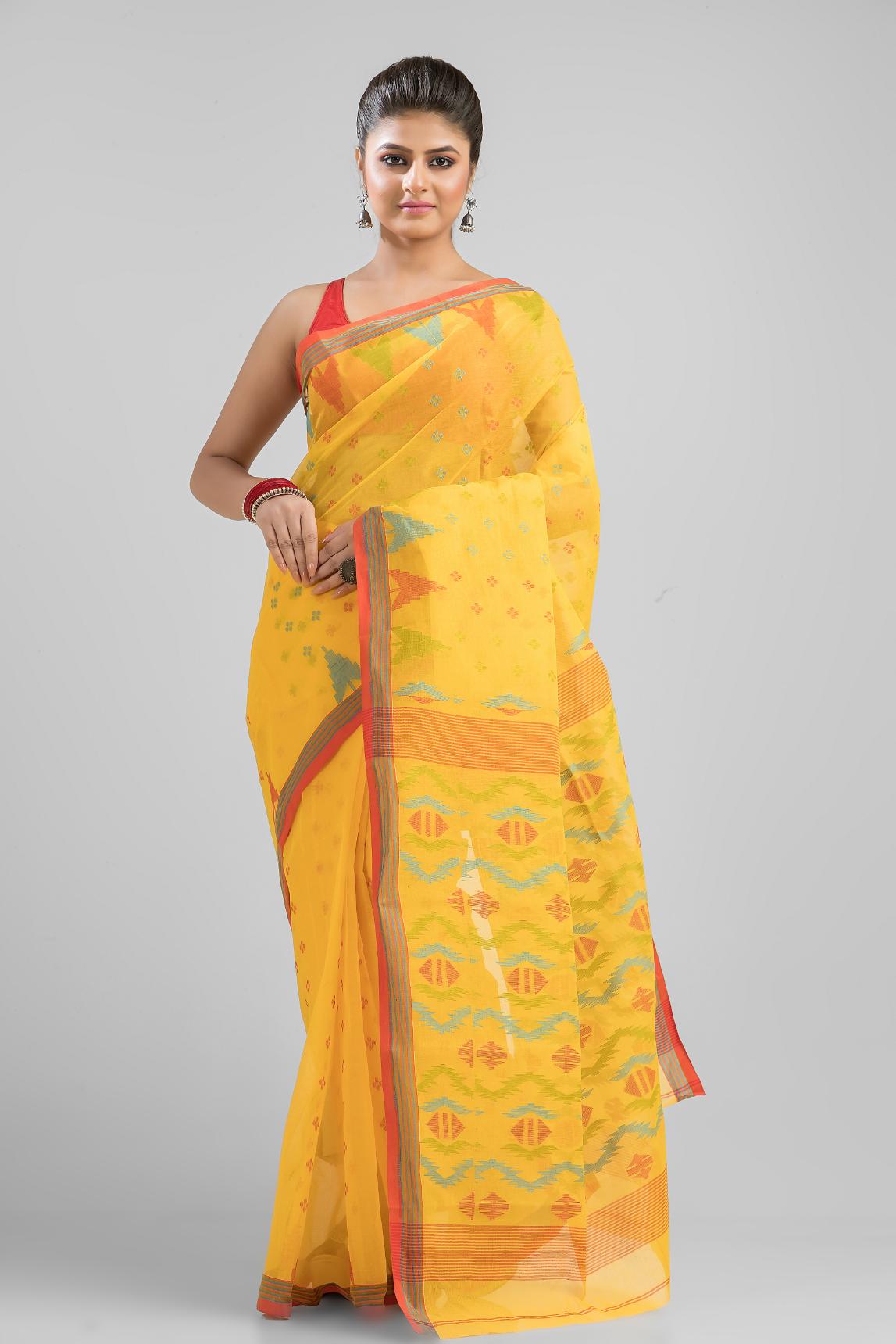 Yellow Pure Cotton Dhakai Buti Handloom Saree