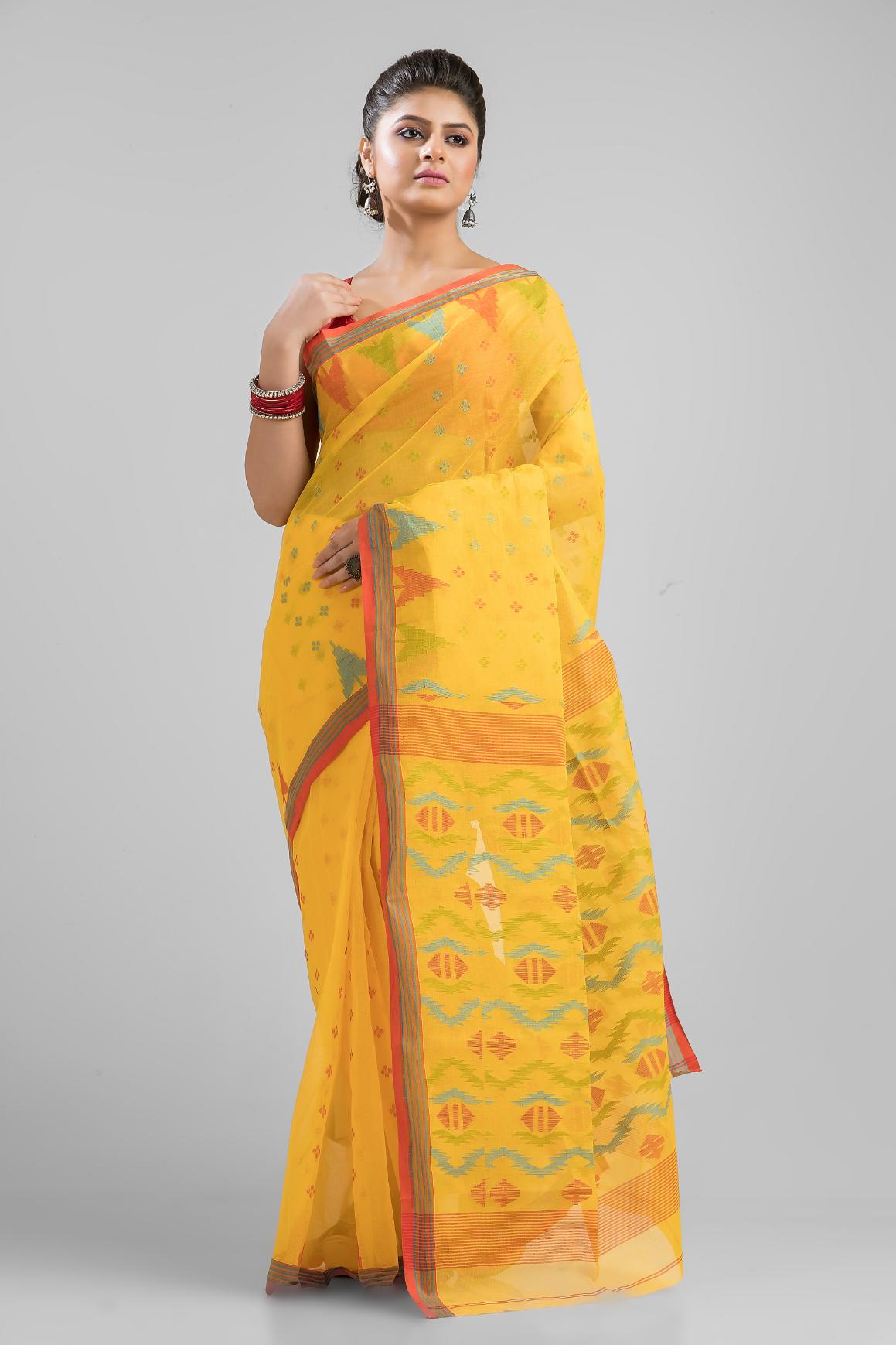 Yellow Pure Cotton Dhakai Buti Handloom Saree