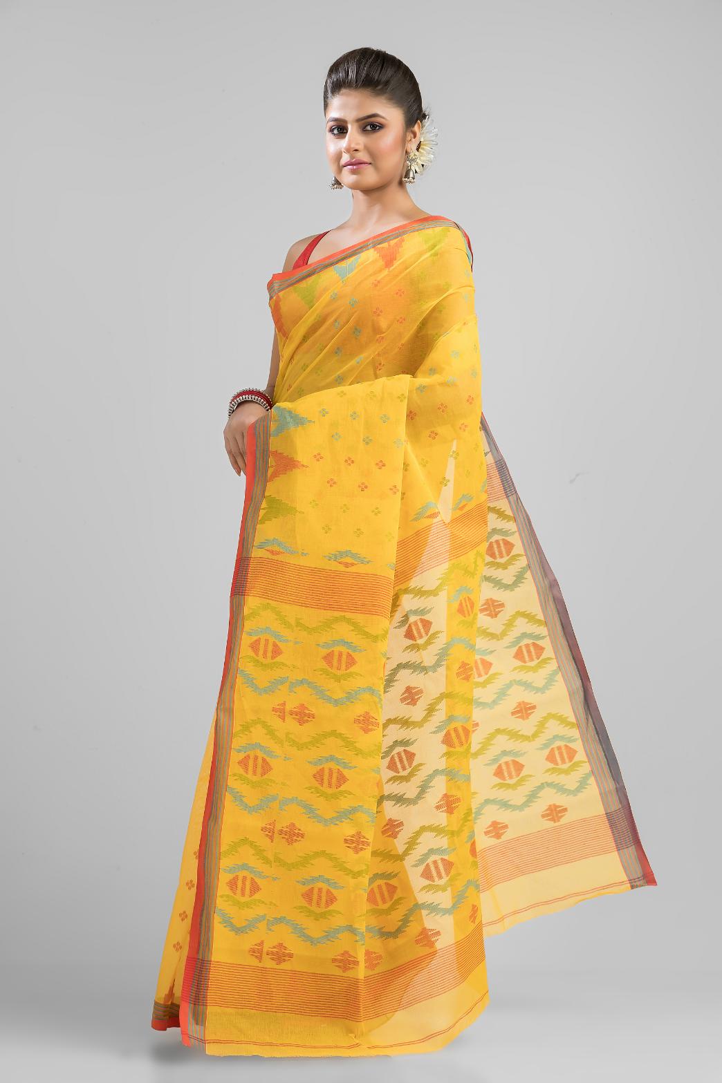 Yellow Pure Cotton Dhakai Buti Handloom Saree