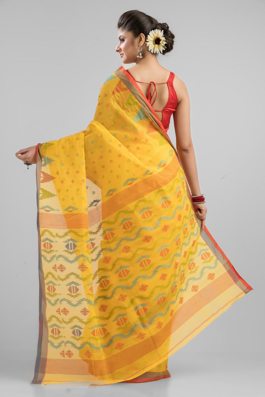 Yellow Pure Cotton Dhakai Buti Handloom Saree