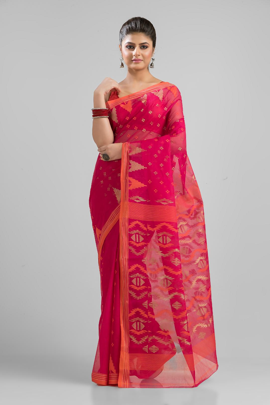 Magenta Pure Cotton Dhakai Buti Handloom Saree