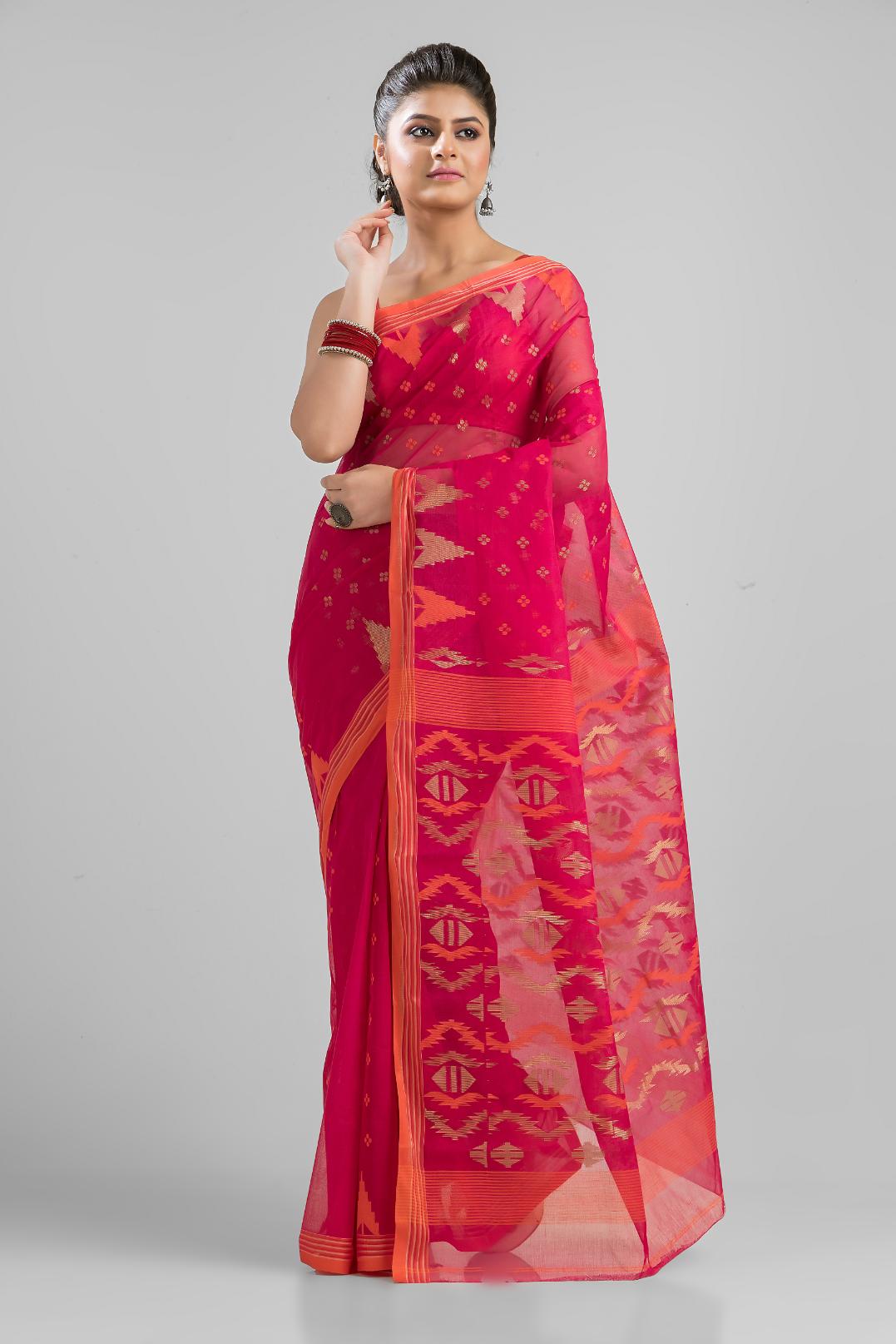 Magenta Pure Cotton Dhakai Buti Handloom Saree