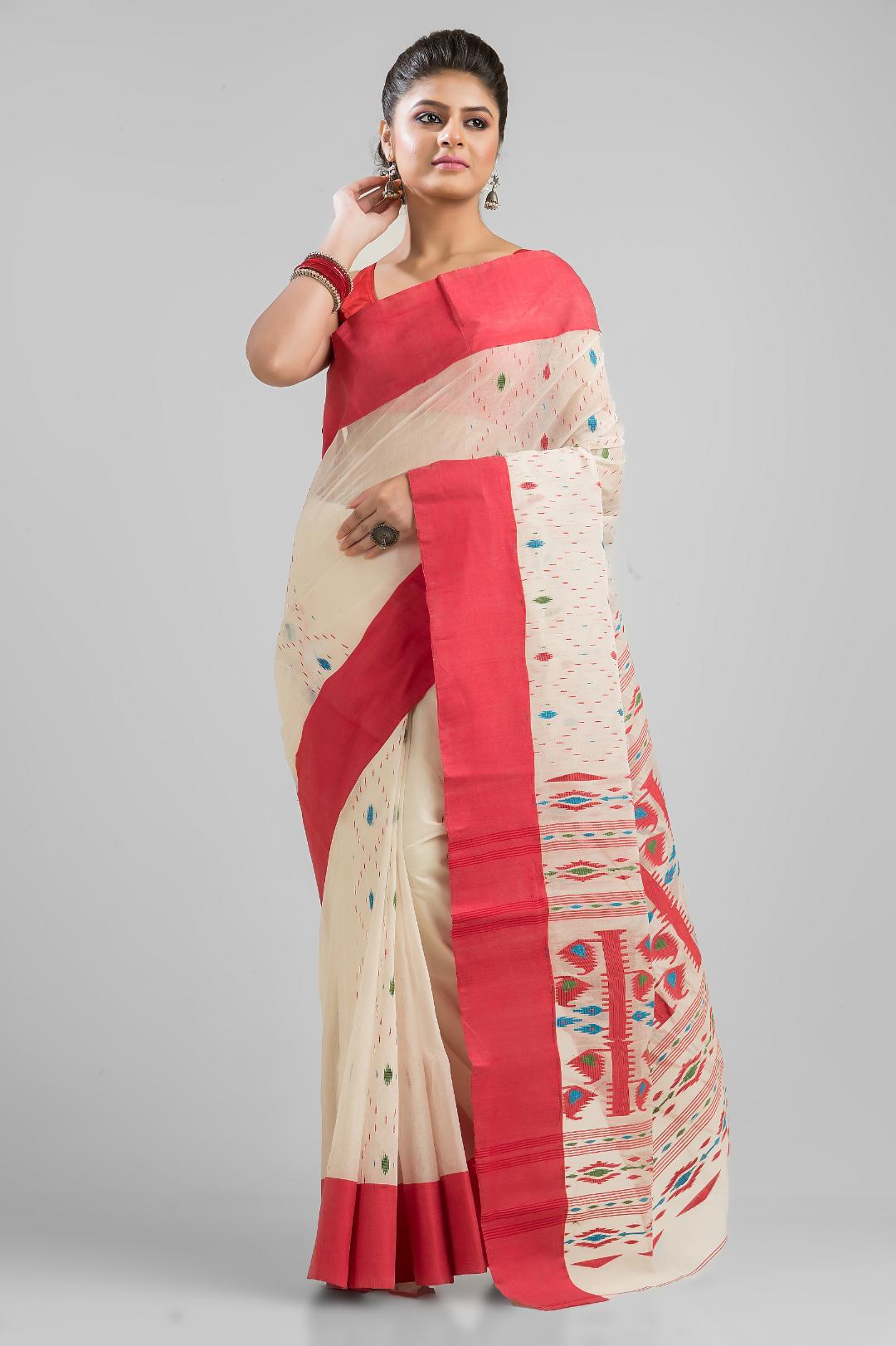 White Pure Cotton Dhakai Buti Handloom Saree