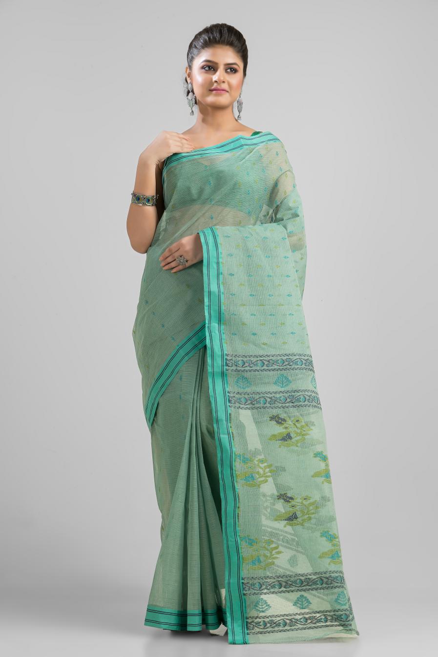 Sea Green Pure Cotton Dhakai Buti Handloom Saree