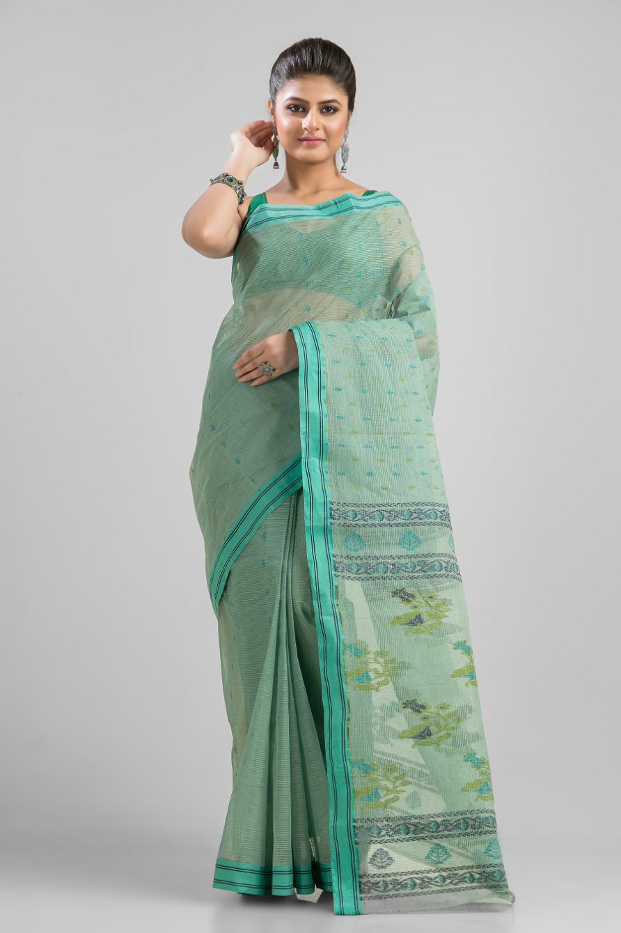 Sea Green Pure Cotton Dhakai Buti Handloom Saree