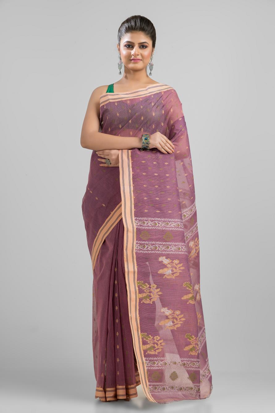 Purple Pure Cotton Dhakai Buti Handloom Saree