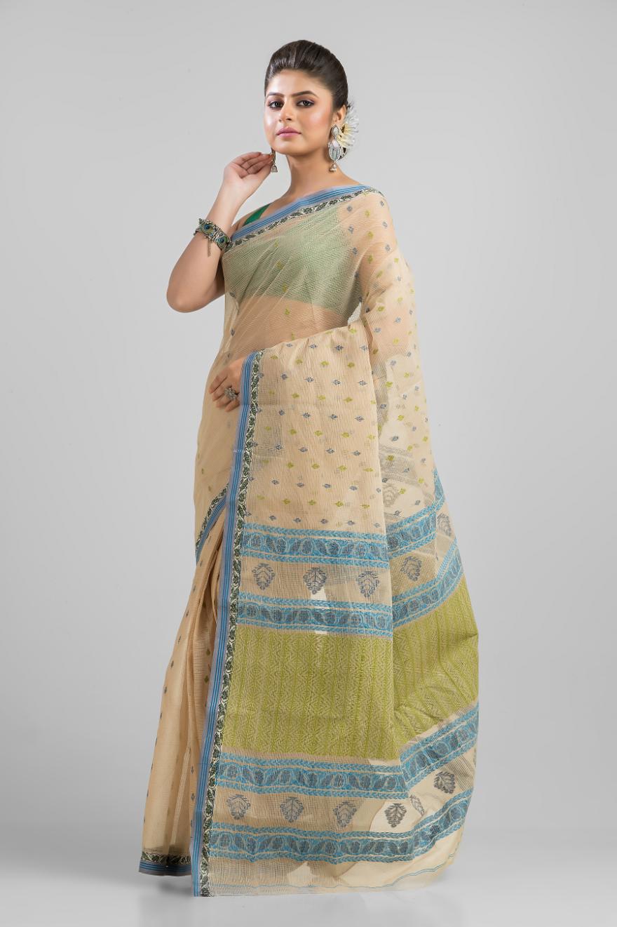 Beige Pure Cotton Dhakai Buti Handloom Saree