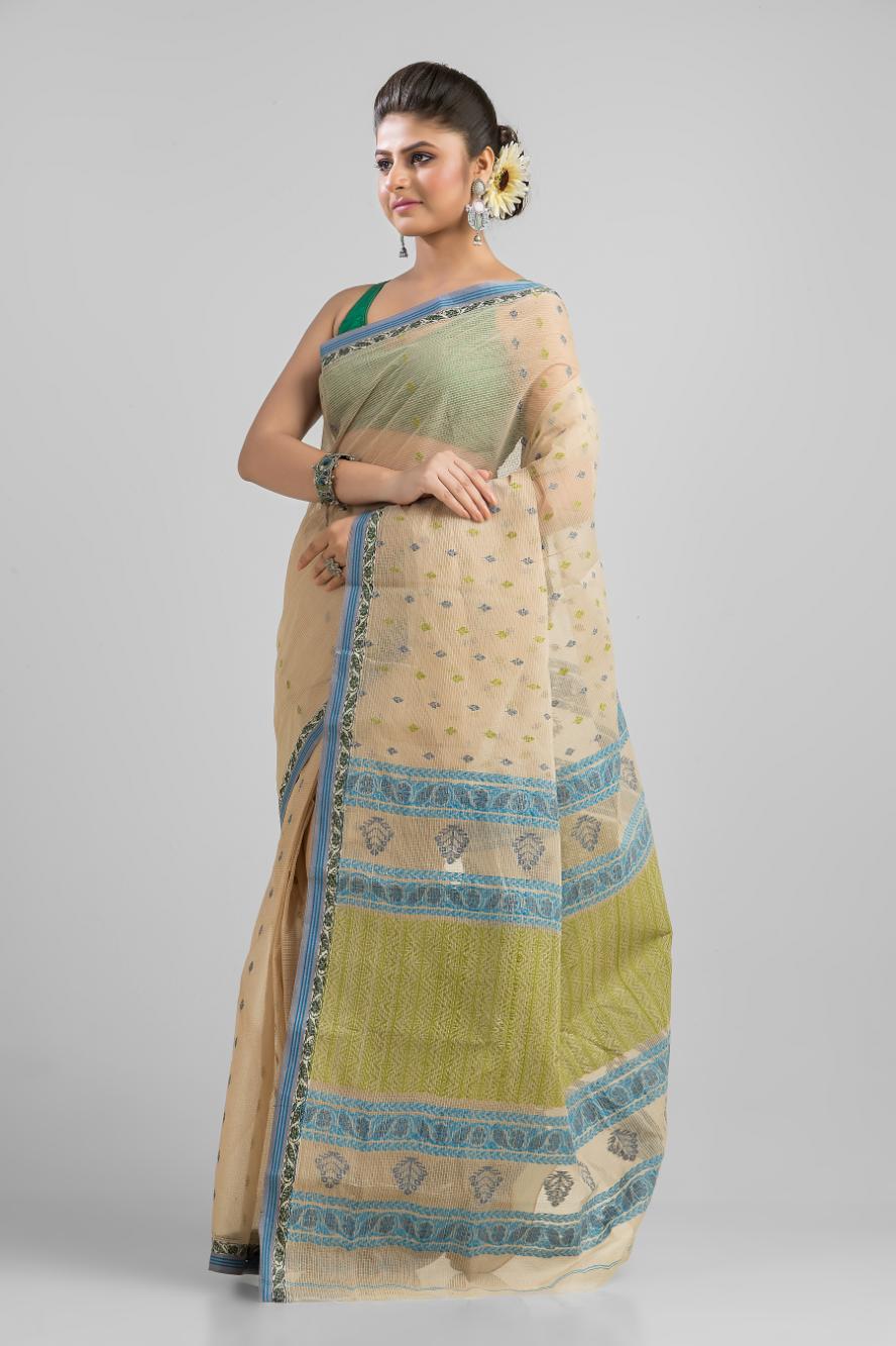 Beige Pure Cotton Dhakai Buti Handloom Saree