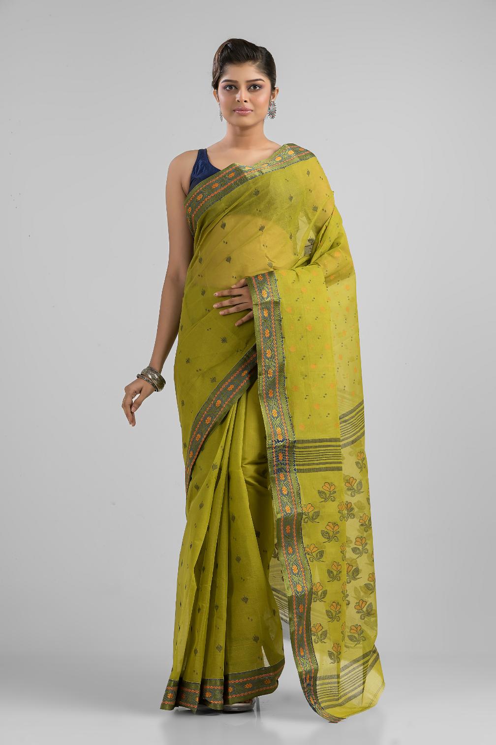 Lime Green Pure Cotton Dhakai Buti Handloom Saree