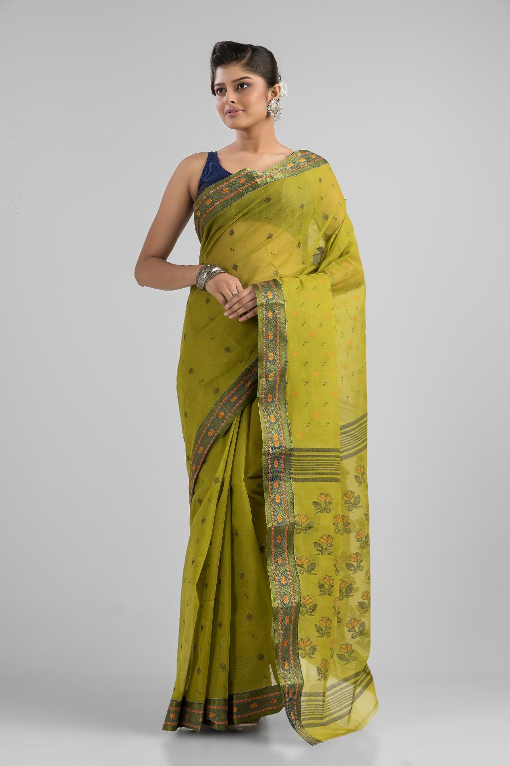 Lime Green Pure Cotton Dhakai Buti Handloom Saree