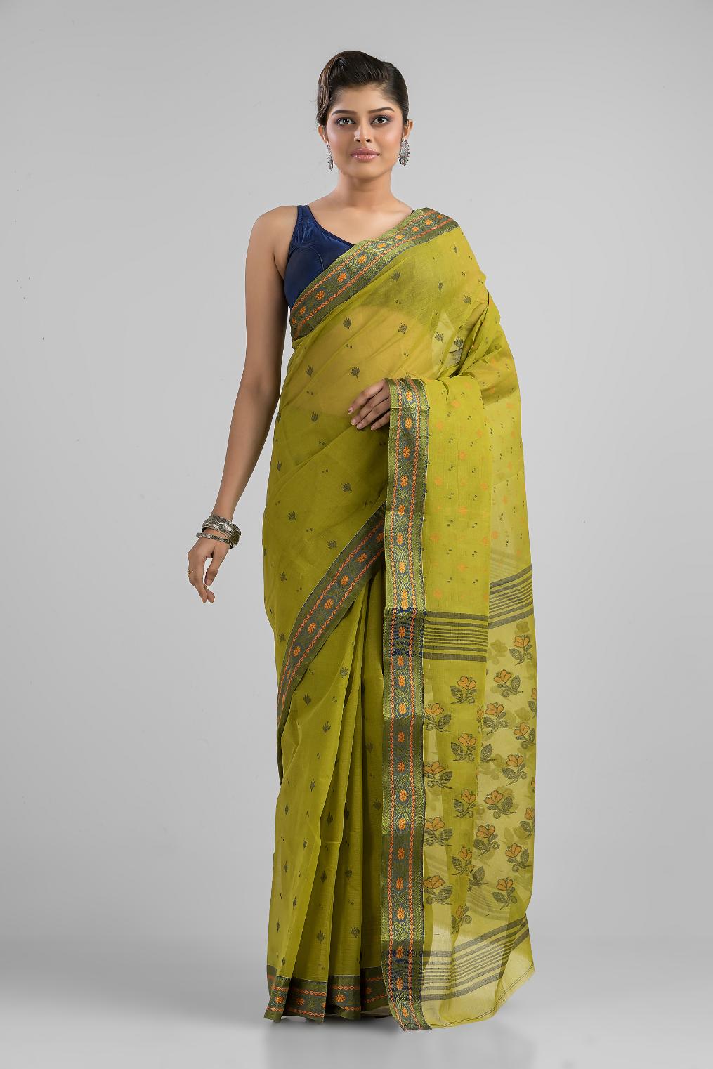 Lime Green Pure Cotton Dhakai Buti Handloom Saree