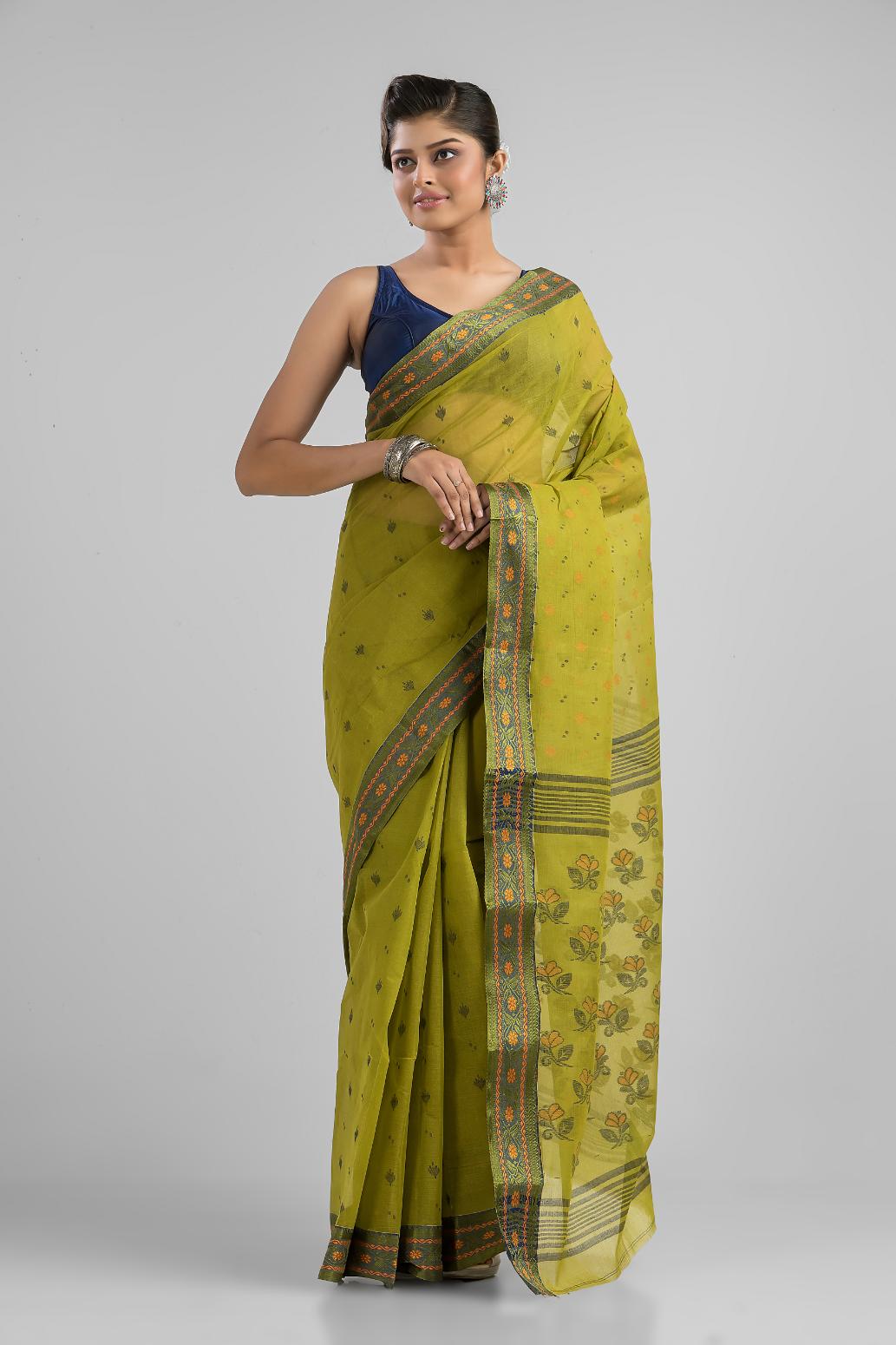 Lime Green Pure Cotton Dhakai Buti Handloom Saree