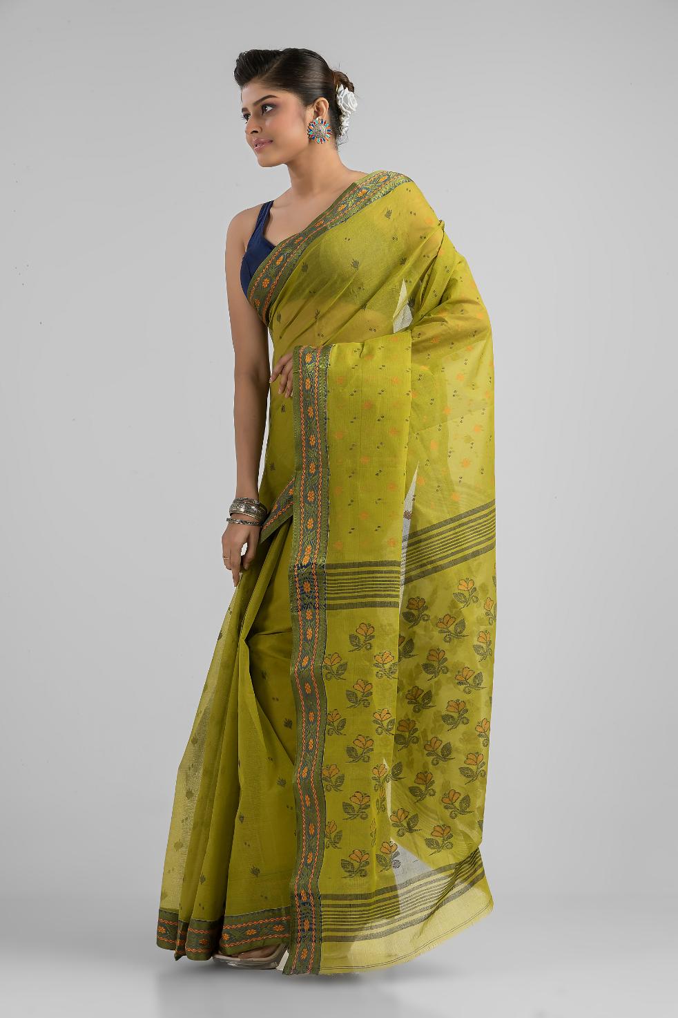 Lime Green Pure Cotton Dhakai Buti Handloom Saree