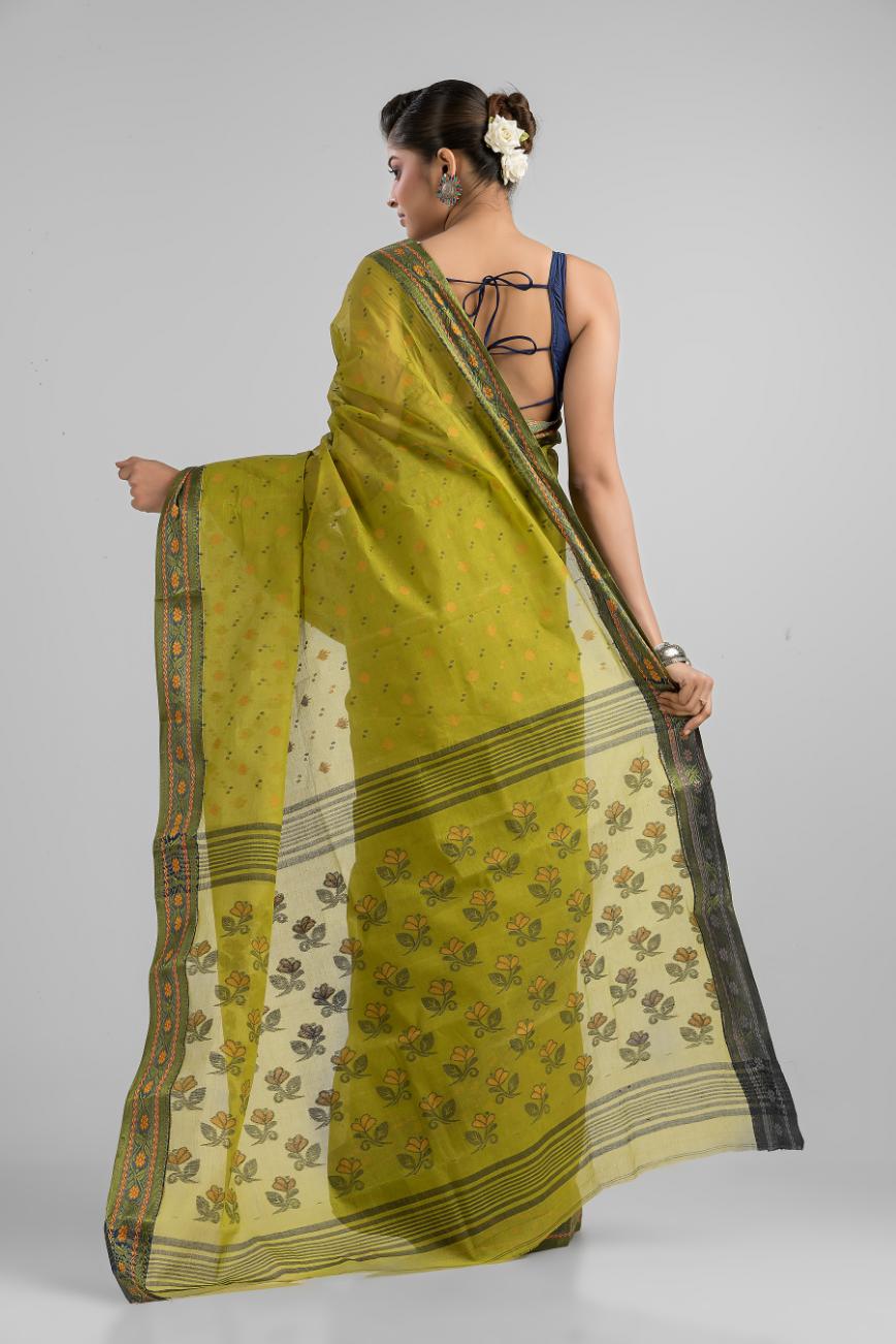 Lime Green Pure Cotton Dhakai Buti Handloom Saree