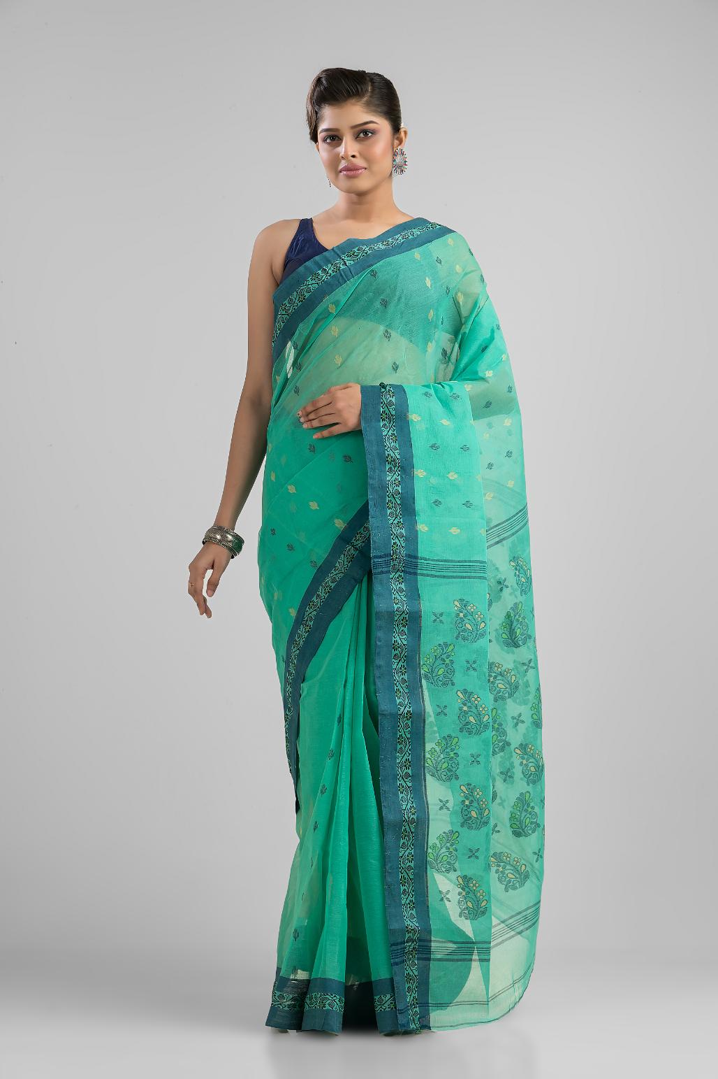 Sea Green Pure Cotton Dhakai Buti Handloom Saree