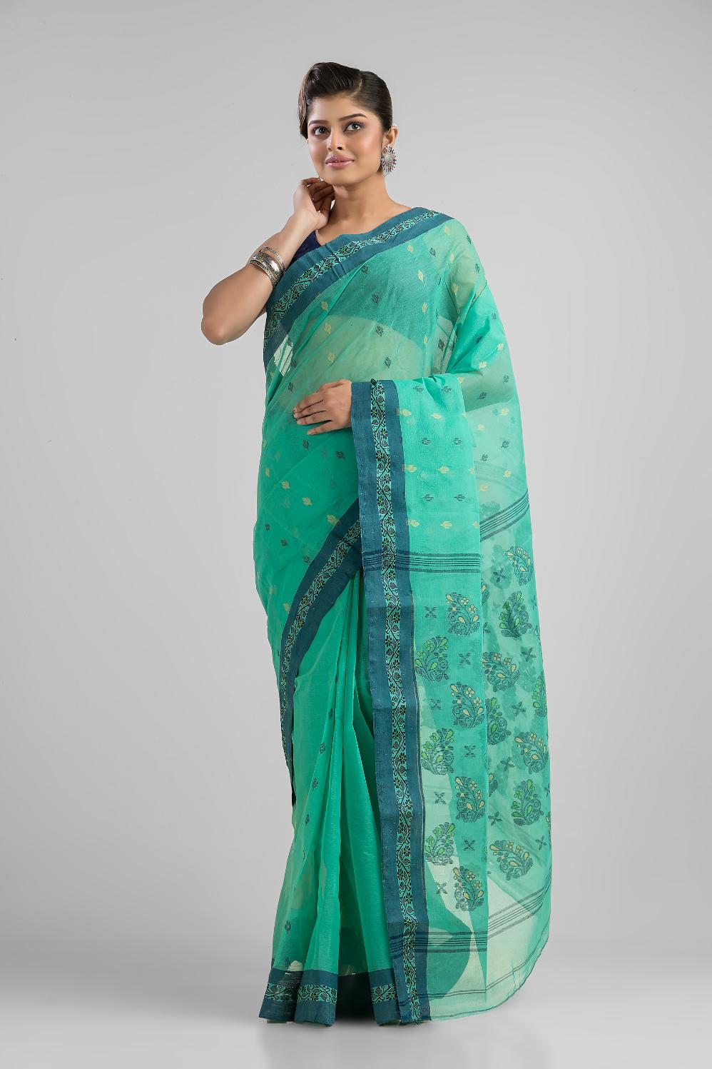 Sea Green Pure Cotton Dhakai Buti Handloom Saree