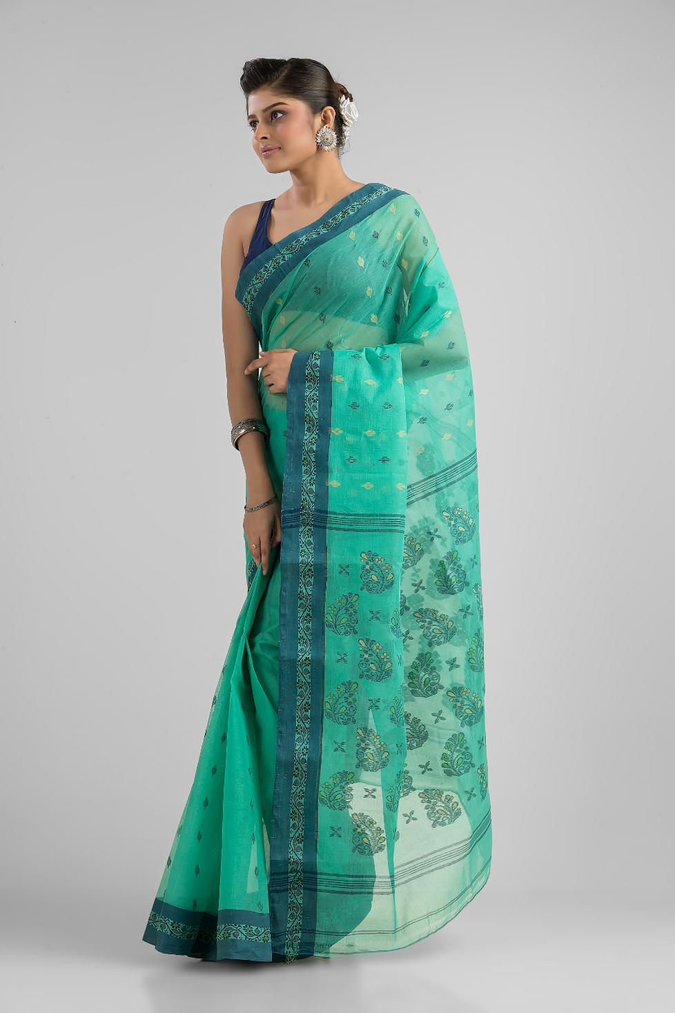 Sea Green Pure Cotton Dhakai Buti Handloom Saree