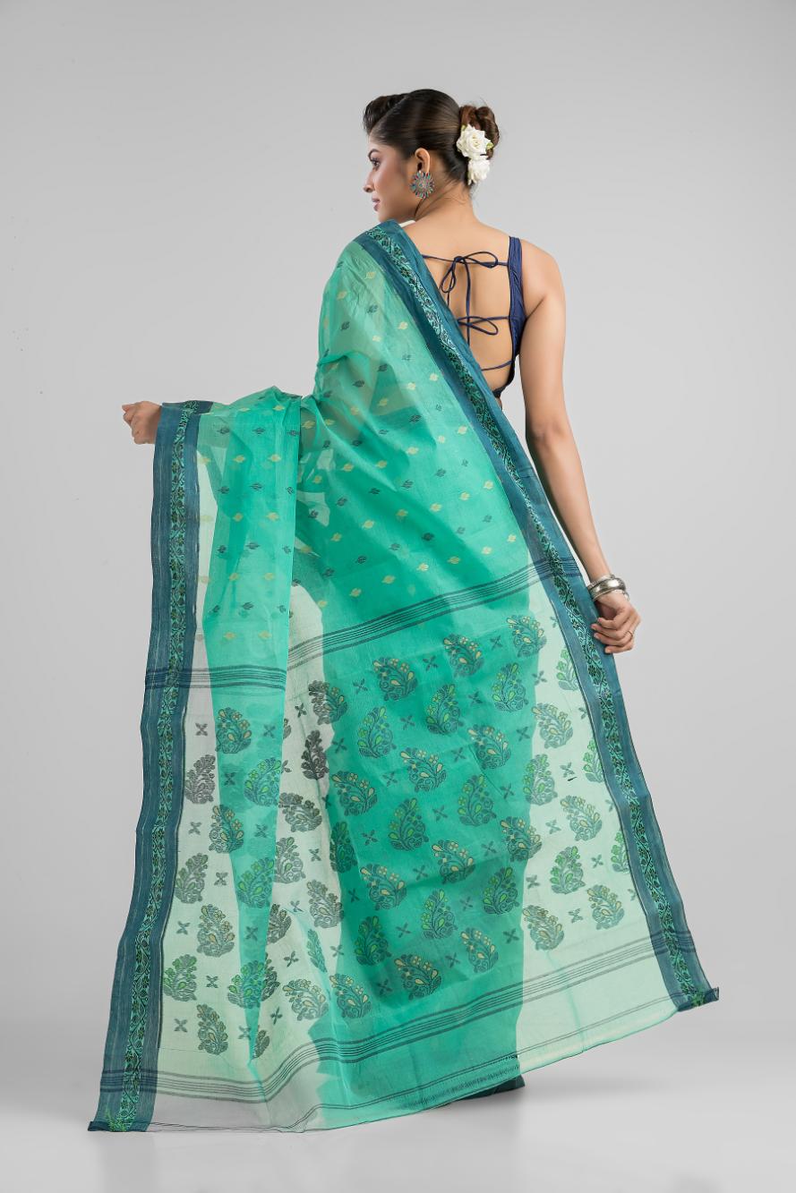 Sea Green Pure Cotton Dhakai Buti Handloom Saree