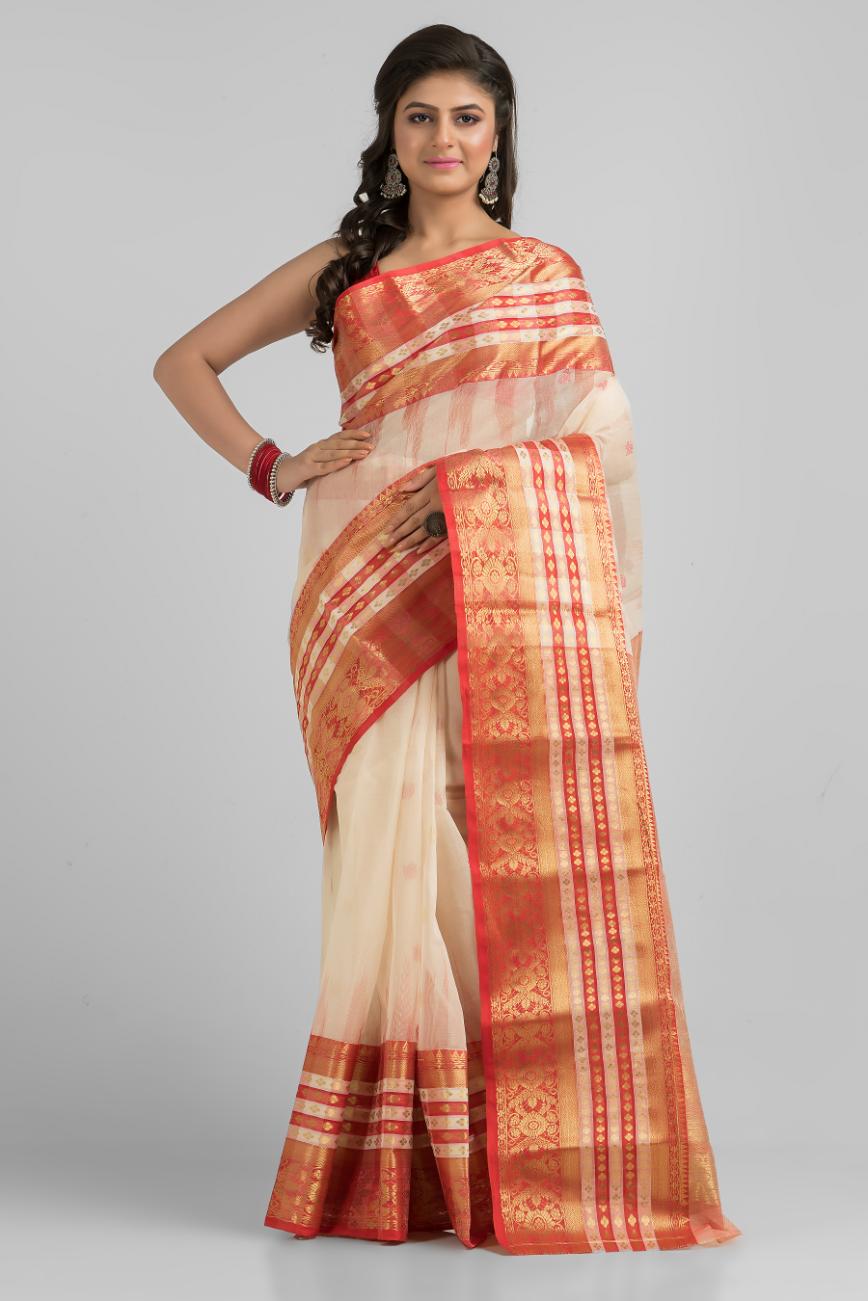 White and Red Pure Cotton Zari Work Buti Handloom Saree