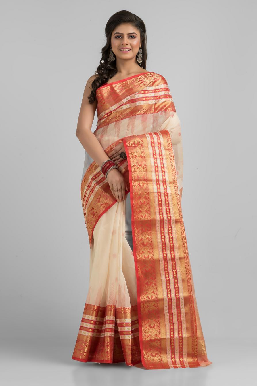 White and Red Pure Cotton Zari Work Buti Handloom Saree