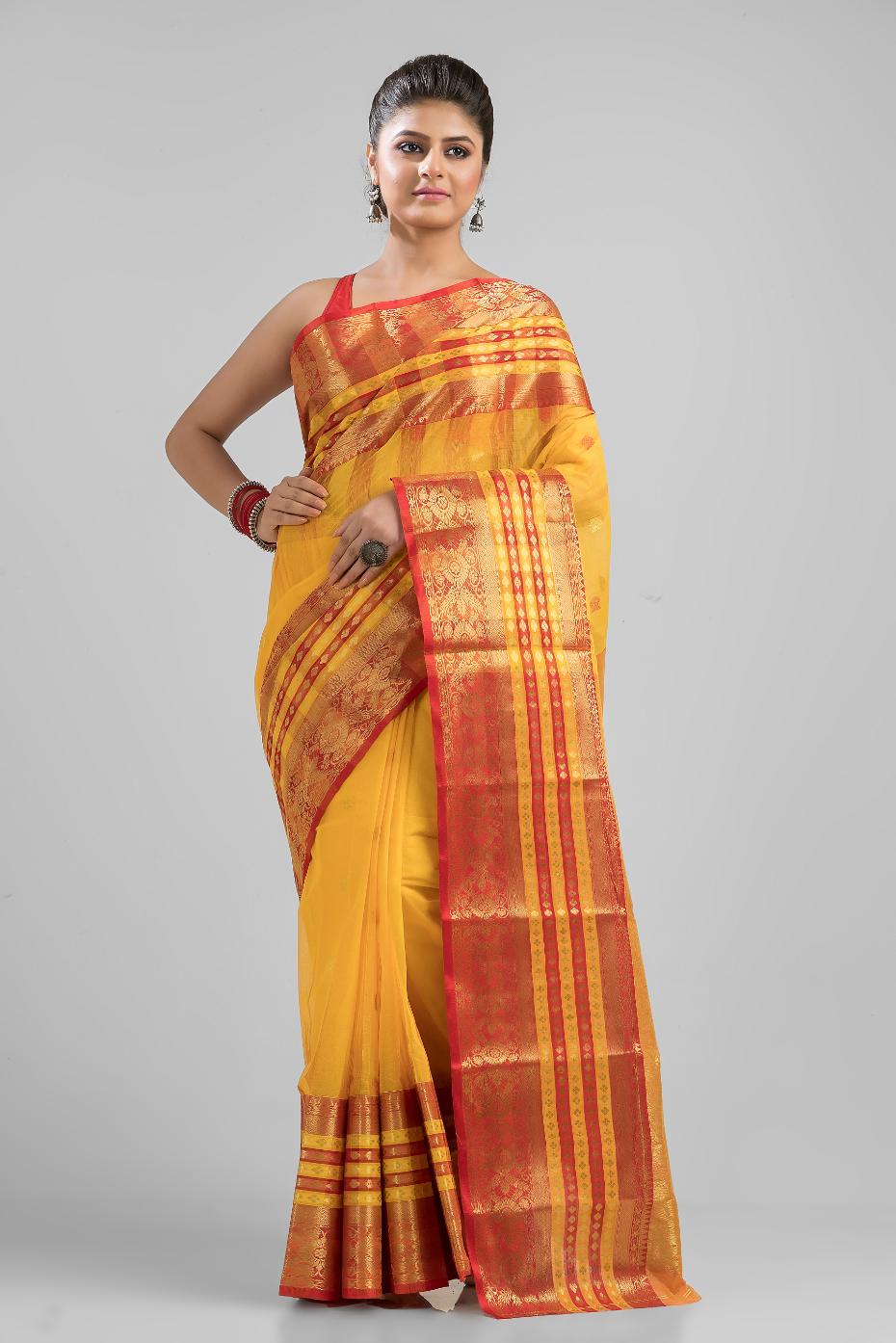 Golden Pure Cotton Zari Work Buti Handloom Saree