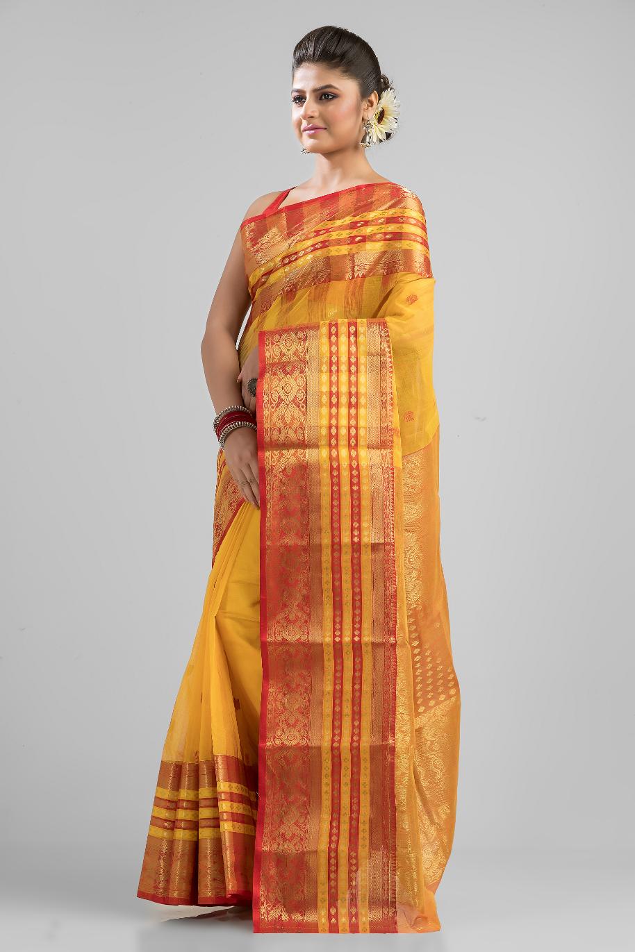 Golden Pure Cotton Zari Work Buti Handloom Saree