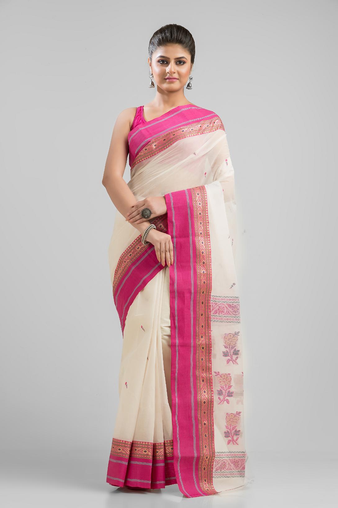 White Pure Cotton Dhakai Buti Handloom Saree