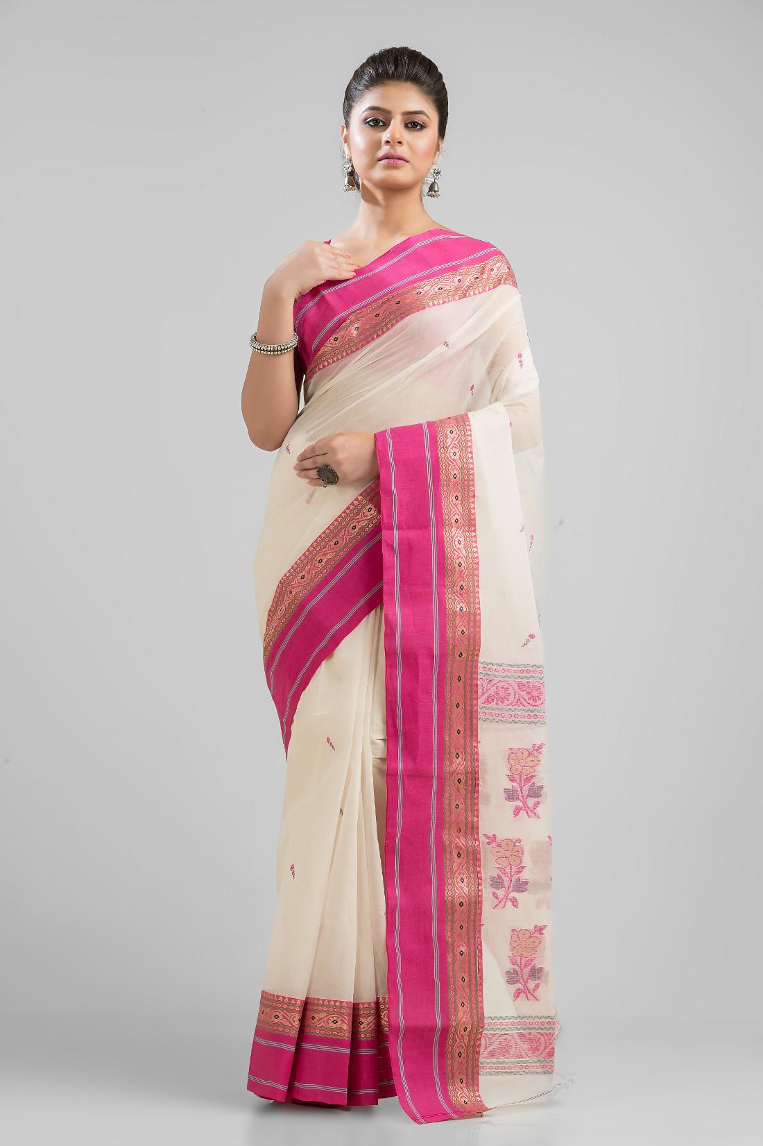 White Pure Cotton Dhakai Buti Handloom Saree