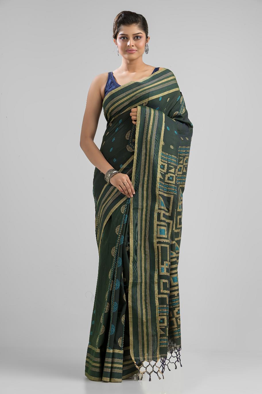 Green Pure Cotton Geometric Work Handloom Saree