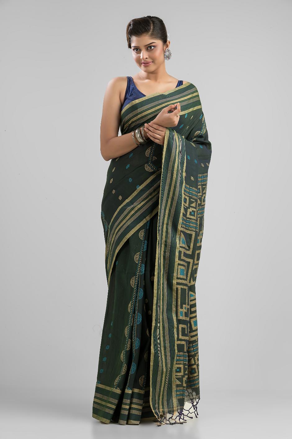 Green Pure Cotton Geometric Work Handloom Saree