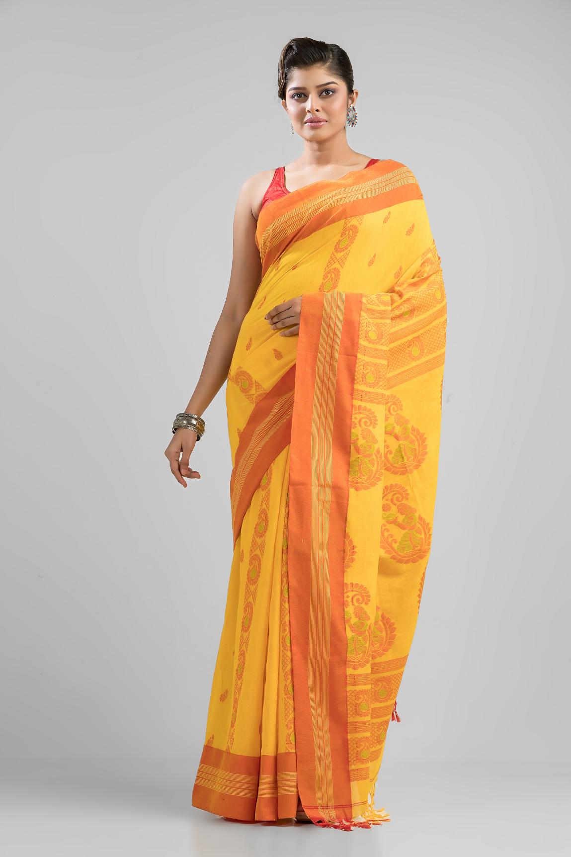 Yellow Pure Soft Cotton Dhakai Buti Handloom Saree