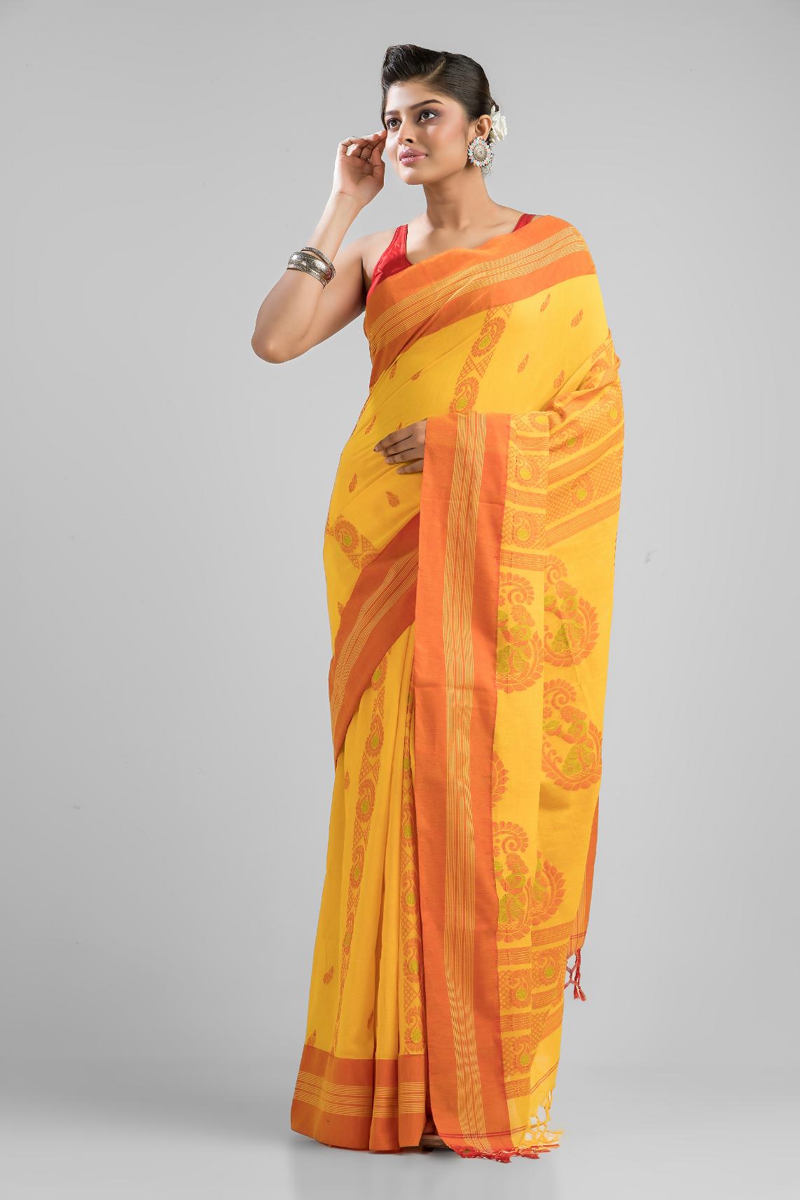 Yellow Pure Soft Cotton Dhakai Buti Handloom Saree