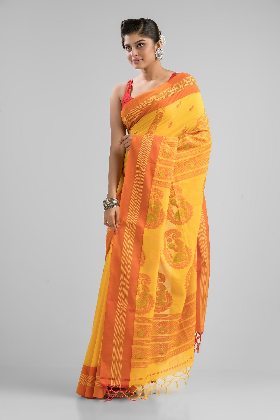 Yellow Pure Soft Cotton Dhakai Buti Handloom Saree