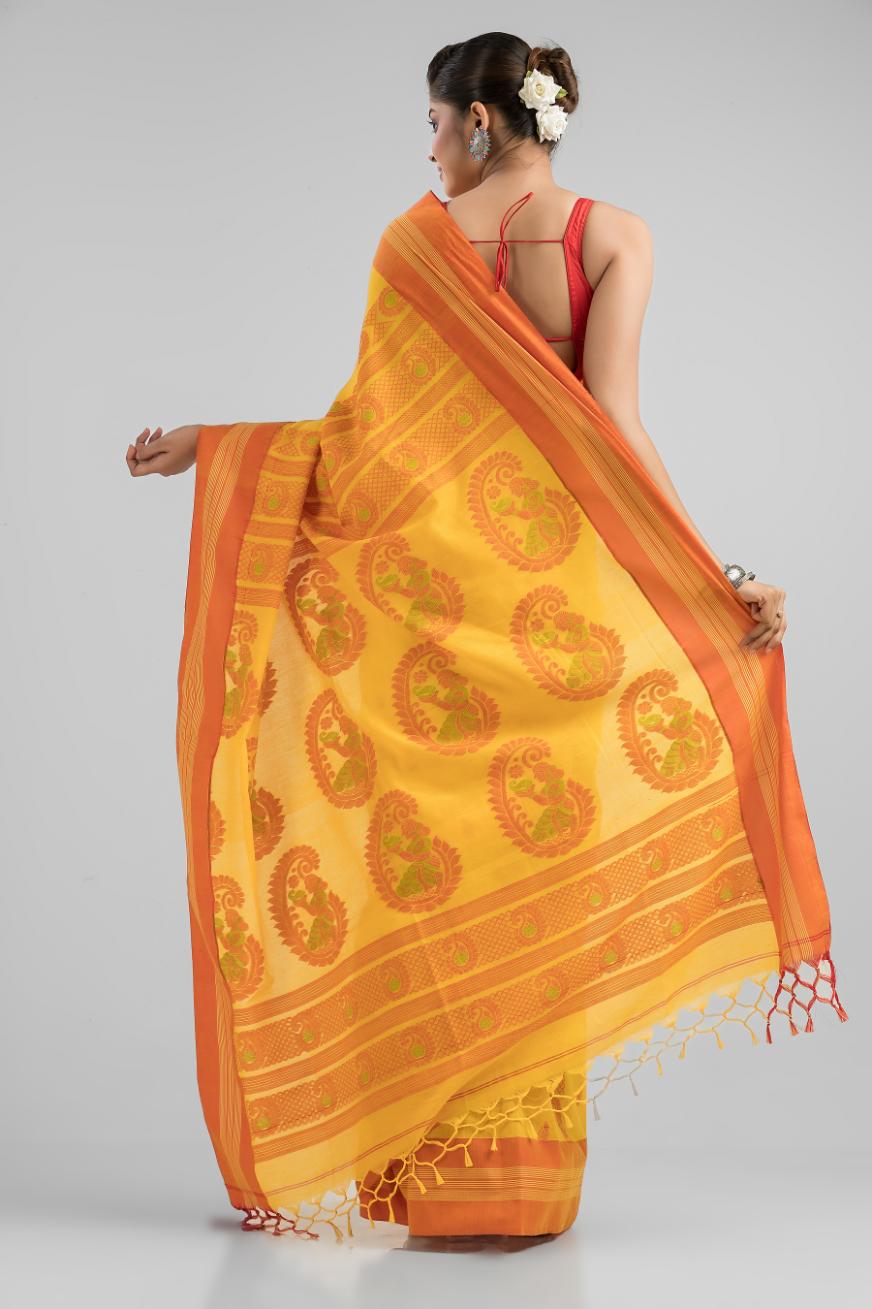 Yellow Pure Soft Cotton Dhakai Buti Handloom Saree