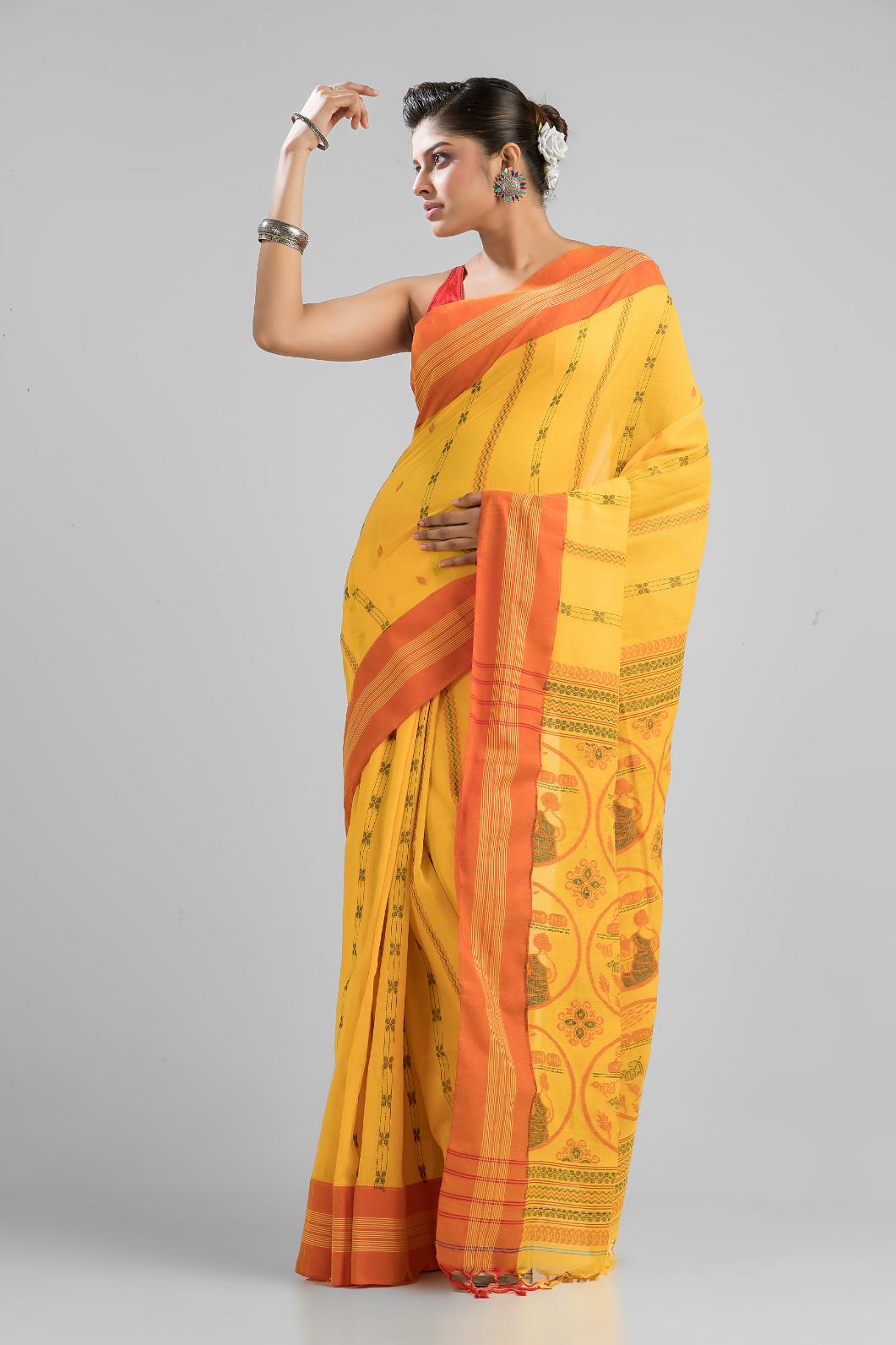 Yellow Pure Soft Cotton Dhakai Buti Handloom Saree