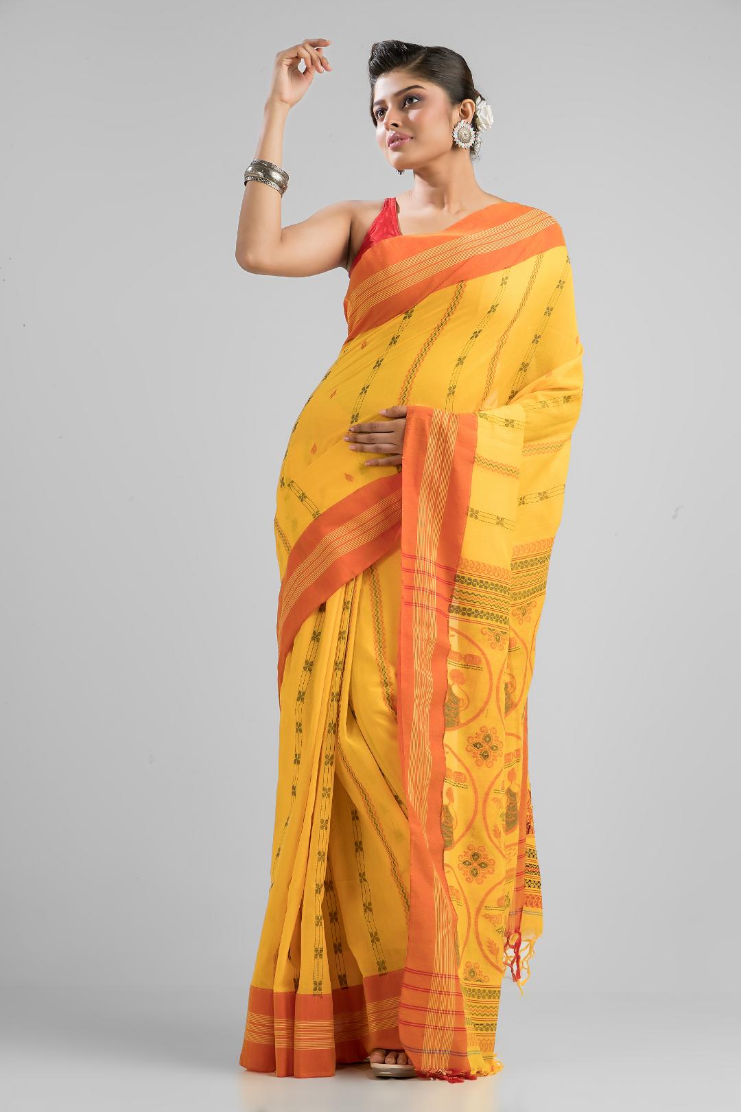 Yellow Pure Soft Cotton Dhakai Buti Handloom Saree