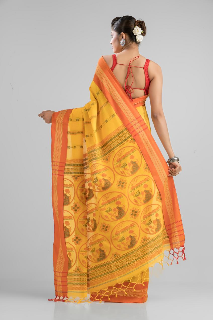 Yellow Pure Soft Cotton Dhakai Buti Handloom Saree