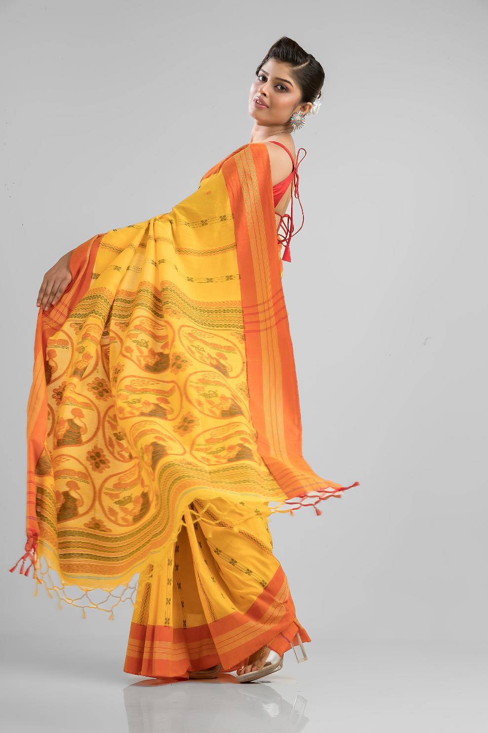 Yellow Pure Soft Cotton Dhakai Buti Handloom Saree